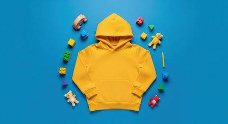 Yellow hoodie surrounded by colorful toys on blue backgroundの素材