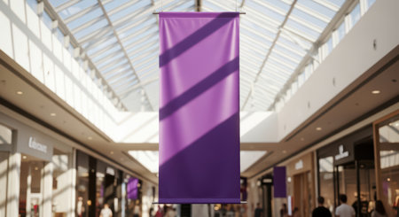 Purple banner hanging in a modern shopping mall with glass ceilingの素材