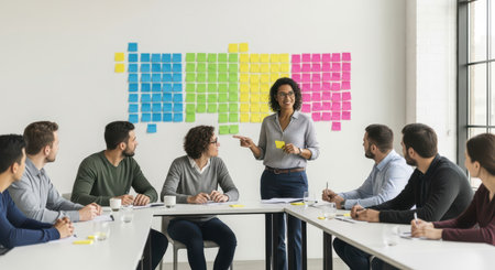 Diverse team collaboration with female leader in modern office settingの素材