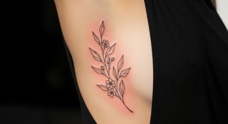 Elegant floral tattoo on female's arm with detailed branch and leaves designの素材