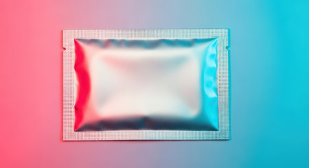 Metallic foil package on gradient background with pink and blue lightingの素材