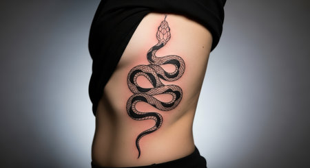 Black serpent tattoo on caucasian female's side torso displayed in profile viewの素材