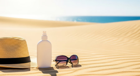 Sunscreen, hat, and sunglasses on sunny desert sand with ocean viewの素材