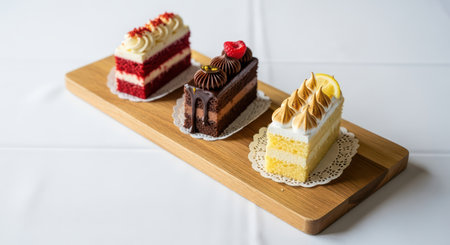 Three slices of assorted cakes on wooden serving boardの素材