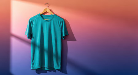 Turquoise t-shirt on hanger against gradient wall in soft lightingの素材