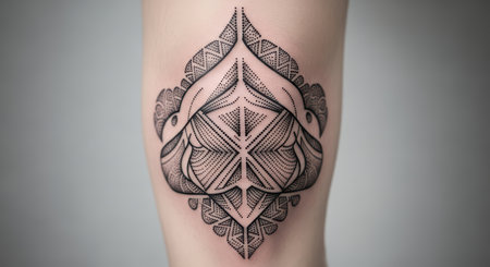 Intricate black mandala tattoo on pale skin featuring geometric patternsの素材