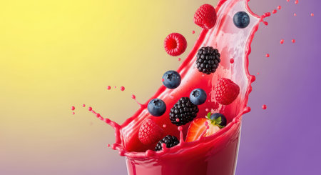 Vibrant berry splash with fresh blueberries, raspberries, blackberries, and strawberry in motionの素材