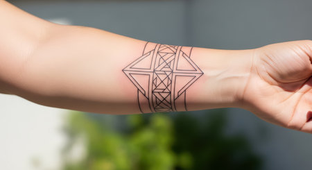 Geometric tattoo on female's forearm against soft backgroundの素材