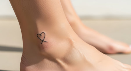 Minimalist heart tattoo on ankle of young caucasian femaleの素材