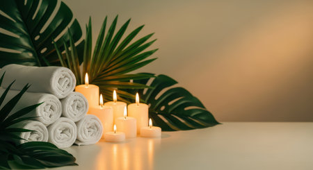 Relaxing spa scene with candles, tropical leaves, and rolled towelsの素材