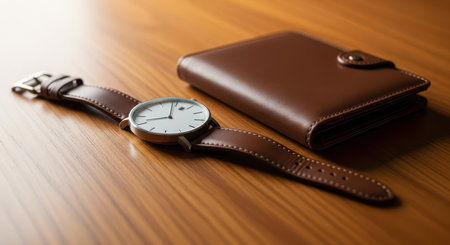 Elegant brown leather wallet and watch on wooden surfaceの素材