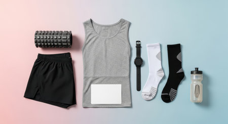 Fitness gear flat lay with shorts, tank top, roller, watch, socks, and water bottleの素材
