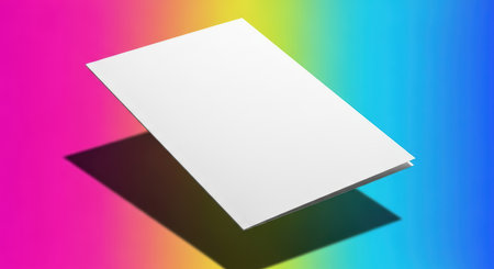 Floating white blank paper on vibrant colorful rainbow backgroundの素材