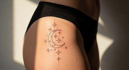 Crescent moon and stars tattoo on female's hip in sunlightの素材