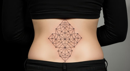 Geometric dotwork tattoo on female back with black topの素材