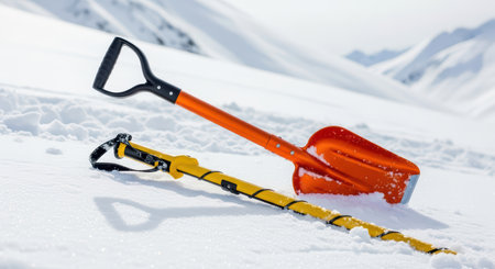 Bright orange snow shovel and yellow ice axe on pristine snow in mountain landscapeの素材