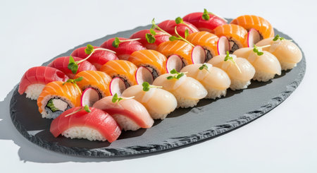 Assorted sushi platter with fresh nigiri and sashimi on slate trayの素材