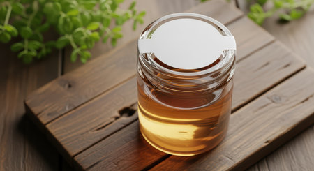 Glass jar of honey on wooden table with fresh greeneryの素材