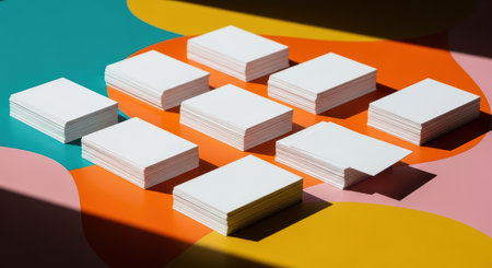 Stacks of blank business cards on colorful abstract backgroundの素材