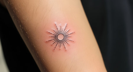 Minimalist sun tattoo on arm of young caucasian femaleの素材