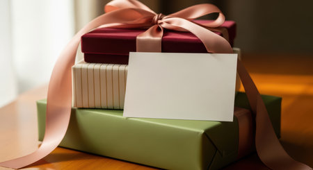 Gift boxes with blank card and ribbon on wooden tableの素材