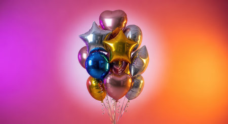 Colorful metallic balloons in heart and star shapes against vivid gradient backgroundの素材