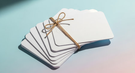 Stack of blank white cards tied with brown string on gradient backgroundの素材