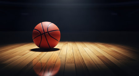 Basketball on empty court wooden floor under spotlightの素材