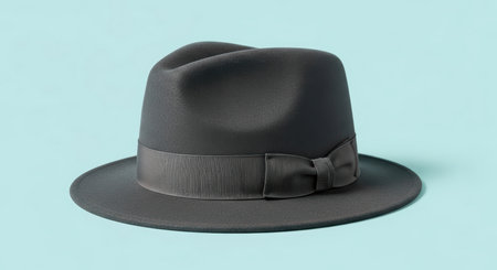 Sleek gray fedora hat with ribbon on light blue backgroundの素材