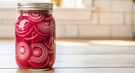 Homemade pickled red onions in a glass jar on a wooden kitchen counterの素材