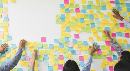 Diverse team collaborating using colorful sticky notes on whiteboardの素材