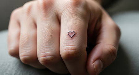 Small heart tattoo on caucasian female finger - minimalist design close-upの素材