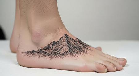 Caucasian female foot tattoo with mountain designの素材