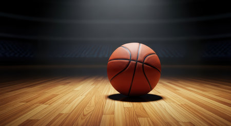 Basketball on court with spotlight in empty arenaの素材