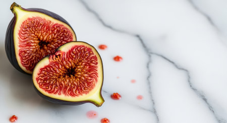 Freshly cut figs on marble surface with red seeds and vibrant colorsの素材