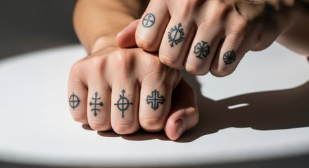 Caucasian adult male hands with geometric knuckle tattoos on white surfaceの素材