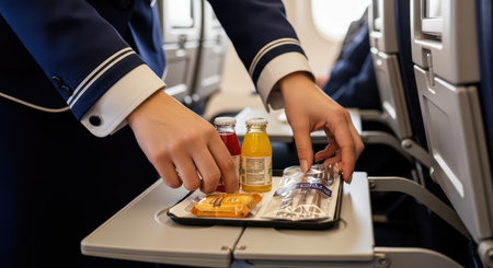 Airline stewardess serving snacks and drinks on plane tray tableの素材