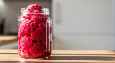Pickled red cauliflower in a glass jar on a sunlit wooden tableの素材