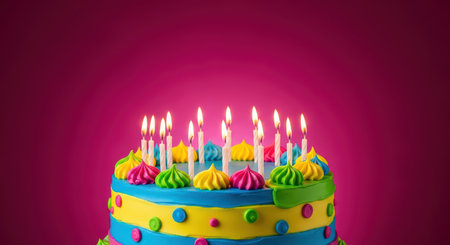 Colorful birthday cake with lit candles against pink backgroundの素材