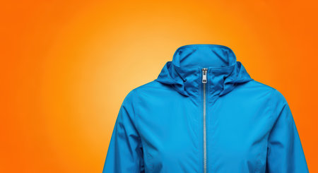 Vibrant blue jacket with hood against bright orange backgroundの素材