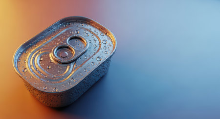Close-up of metallic tin can with water droplets on gradient backgroundの素材