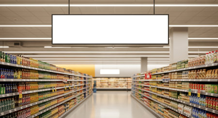 Empty sign in grocery store aisle with diverse product shelvesの素材