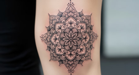 Intricate mandala tattoo on female adult's arm featuring floral patternsの素材