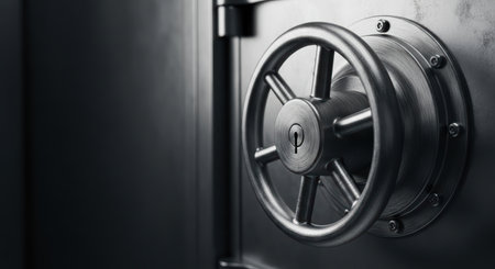 Secure metal vault door with wheel lock mechanism and keyhole in industrial settingの素材