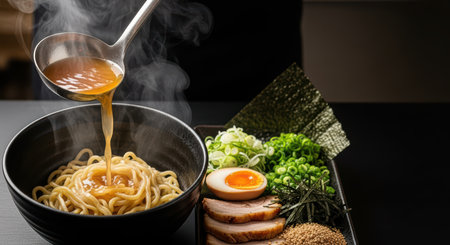 Steaming japanese ramen soup with pork slices, egg, and noodlesの素材