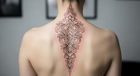 Ornate tattoo on asian female young adult's backの素材