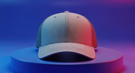 Modern gray baseball cap on gradient blue and pink backgroundの素材