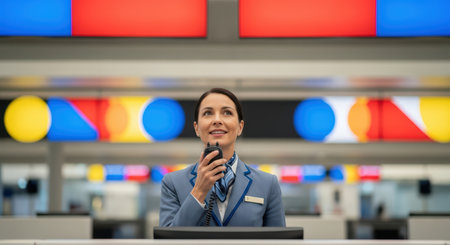 Female airport staff communicating in uniform at modern check-in deskの素材