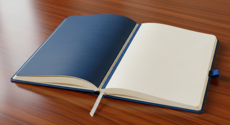 Open blue hardcover book on wooden desk with blank pages and bookmarkの素材