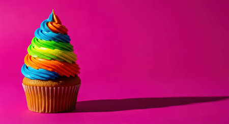 Colorful swirled frosting on cupcake against vibrant pink backgroundの素材